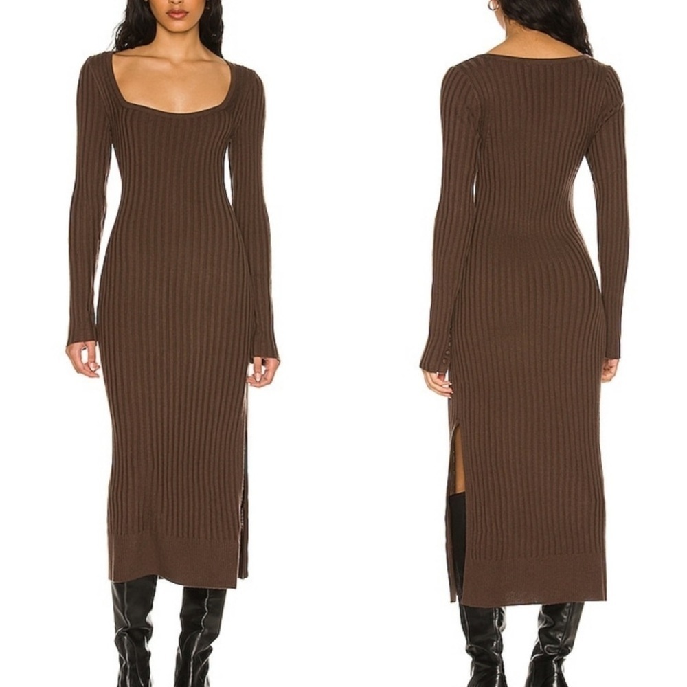 PAIGE Benita Ribbed Midi Dress wool blend chocolate brown sweater dress large